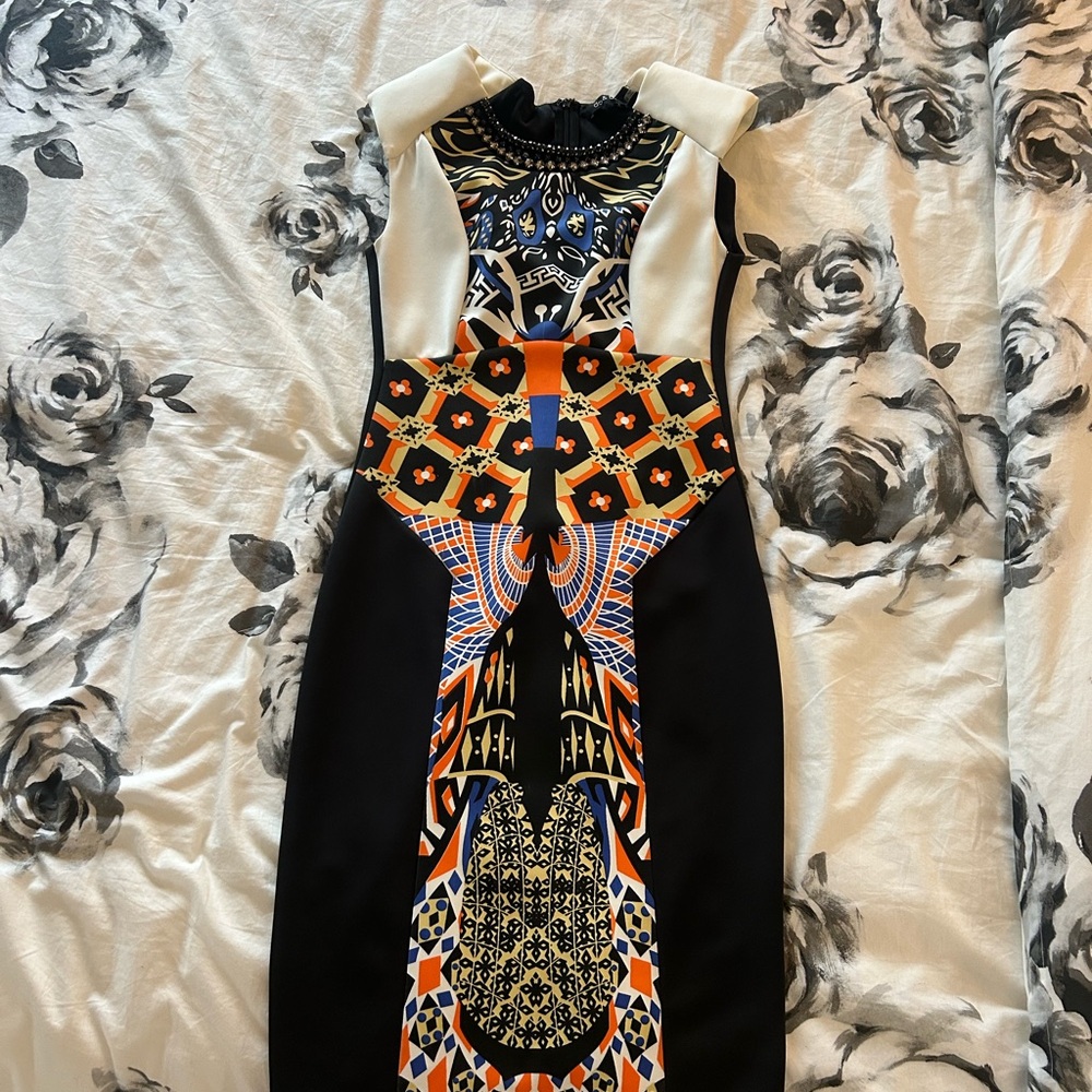 DO+BE Black and Orange Sheath Midi Dress Mock Neck Sleeveless